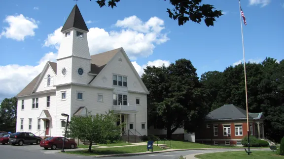 Auburn Town Offices and Merriam Library, a white clapboard civic building with a steepled tower, Auburn, Massachusetts