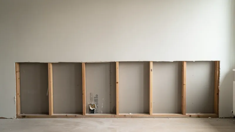 Interior wall mid-demolition with the lower row of drywall removed, exposing bare wood studs and the back of the opposite wall