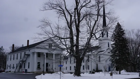 White church and town hall along Main Street in winter, Holden, Massachusetts