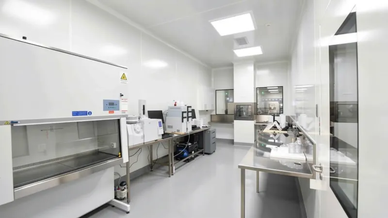 An equipped laboratory cleanroom with seamless sealed white wall panels, a fume hood and instrument benches