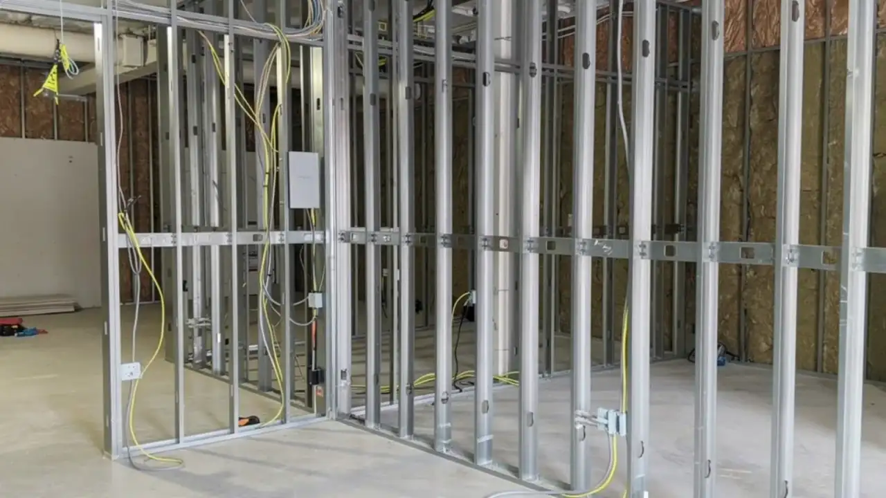 Steel stud partition wall with electrical rough-in wiring run through the studs in an unfinished commercial interior
