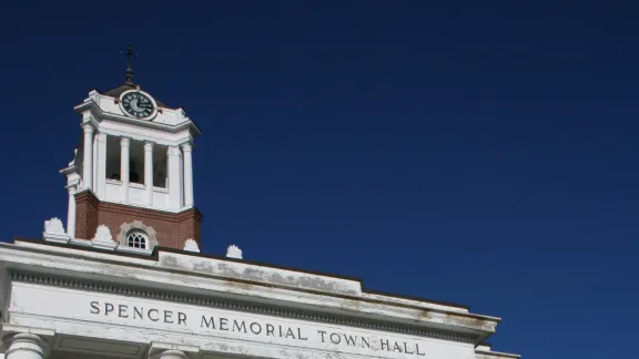 Spencer Memorial Town Hall, a columned civic building with a clock tower, Spencer, Massachusetts
