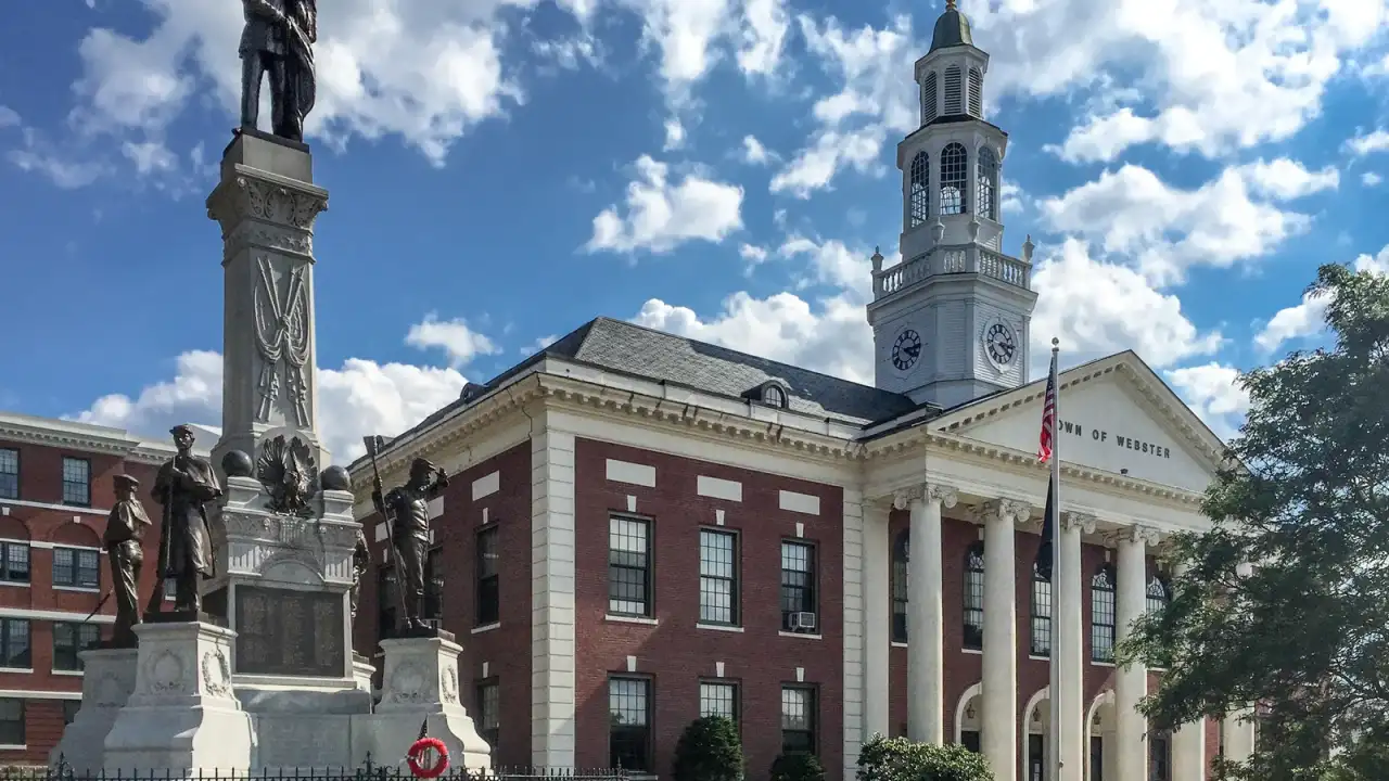 Webster town hall with its clock tower and the Civil War soldiers' monument, Webster, Massachusetts